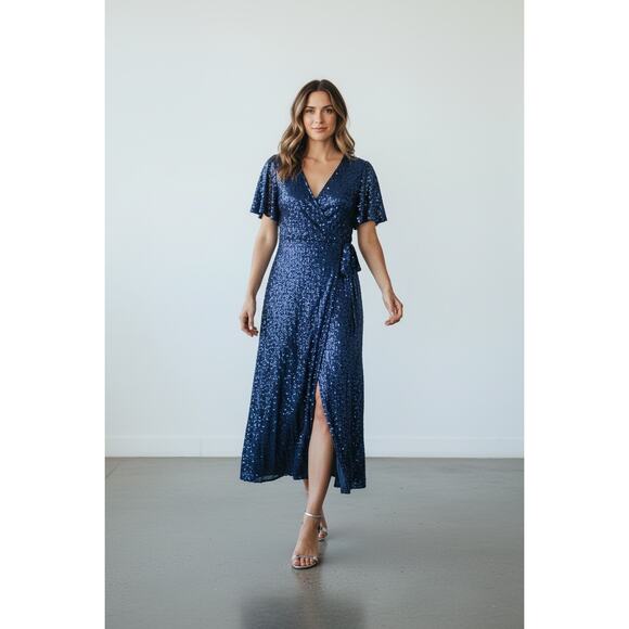 DMFashion Navy Sequin Wrap Maxi Dress Size Small Flutter Sleeve Formal Evening - Picture 4 of 16